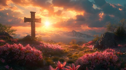 Easter Cross in Flowered Mountains at Sunset - obrazy, fototapety, plakaty