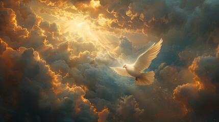 Flying White Dove in a Sunny Sky with Fluffy Clouds in Fantasy Art Style