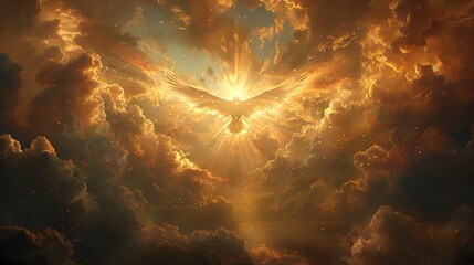 Golden Dove Flying from Sunlit Clouds
