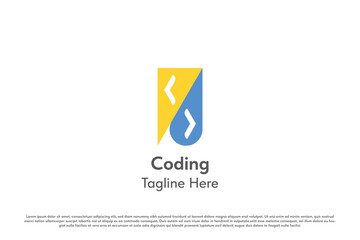 Coding logo design illustration. Silhouette symbol code technology program engineering software development java script react system. Simple abstract modern minimal business company icon.