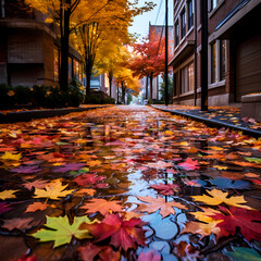 Colorful autumn leaves on a city sidewalk 