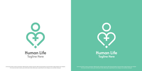 Health life logo design illustration. Silhouette of person shape plus cross health green eco bio balance fit fitness wellness healthcare. Mint geometric abstract minimal simple icon symbol.