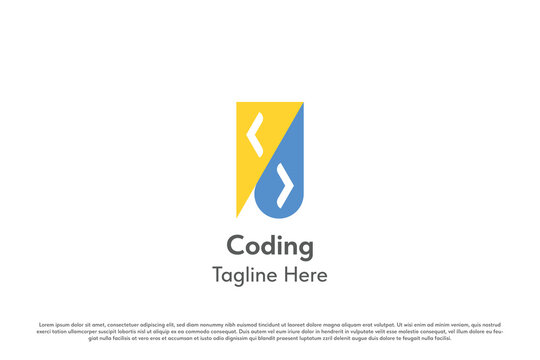 Coding logo design illustration. Silhouette symbol code technology program engineering software development java script react system. Simple abstract modern minimal business company icon.