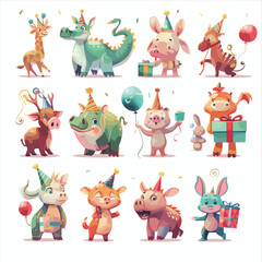 Cute adorable animals celebrating birthday set. Amus