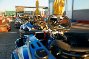 Go-kart car at driveway circuit, motor race vehicle prepared for training