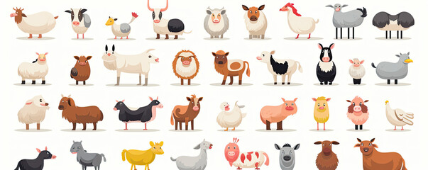 Various farm animals on white isolated background. Farm animals like chick, pig, cow, sheep