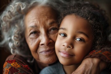 Obraz premium Generations Bond: Grandmother and Grandchild. A tender portrait of an elderly woman and a young child, sharing a close and loving embrace.
