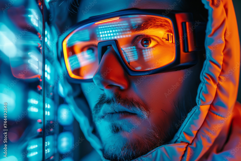 Wall mural close-up of a man wearing futuristic glasses with vivid neon reflections indicating data visualizati