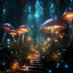 Enchanted forest with glowing mushrooms.