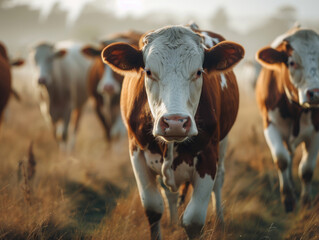 Curious cow looking at the camera with a herd in a golden field at sunset.