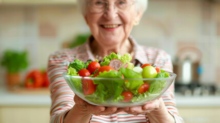 A cheerful elderly woman presenting a bowl of fresh salad promoting a healthy lifestyle.