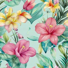 seamless pattern of tropical colortul flowers in water color