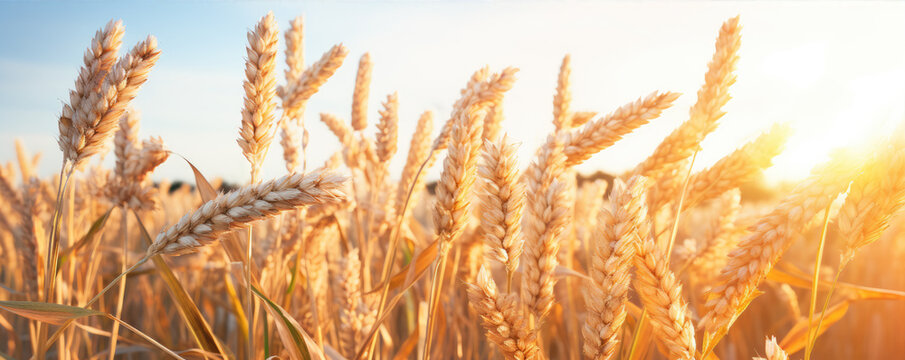 Wheet grains farm in summer field. Harvest seeds, leaves