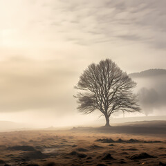 Lone tree in the middle of a misty meadow. 