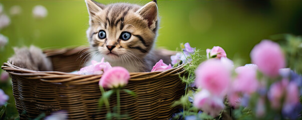 Cute cat in wooden basket against wild flowers in background. Adorable cat concept