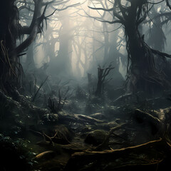 Mystical foggy forest with hidden creatures.