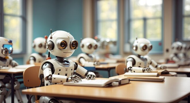 Robots in school room studying as student