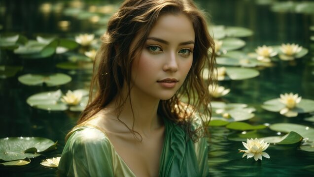 Portrait of a young beautiful girl in a green dress on a background of water lilies
