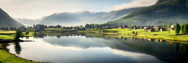 Papier Peint photo Lavable Europe du nord Idyllic Panorama of Gjendesheim: A Harmonious Blend of Nature's Beauty, Mountain Peaks, Water and Scenic Architecture