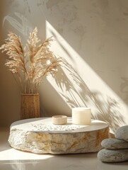 Serene Beige Interior with Sunlit Pampas Grass and Stone Table