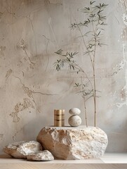 Minimalist Beige Podium with Bamboo and Stone Decor Elements