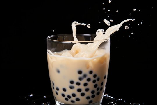 Refreshing bubble tea milkshake in glass with splashing milk in high quality image