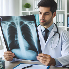 radiology doctor examining at chest x ray film of patient at white hospital room