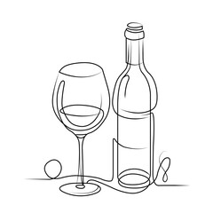 Elegant Line Drawing of Wine Bottle and Glass on a Plain Background