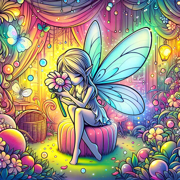 background with flowers a sad fairy
