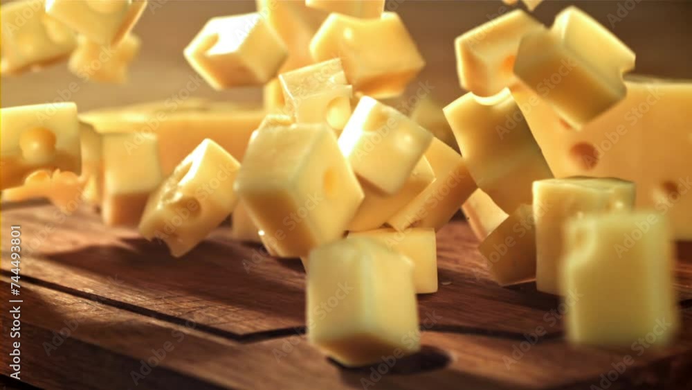 Poster super slow motion pieces of cheese fall onto a cutting board. filmed on a high-speed camera at 1000 