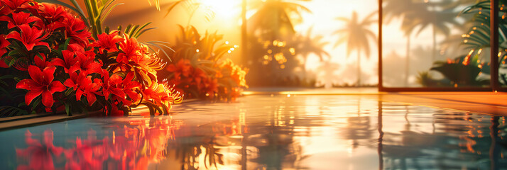 A tropical sunset paints a serene beach scene, where palm trees and calm waters invite relaxation and travel dreams
