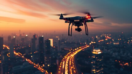 flying drone with digital camera, surveillance camera - obrazy, fototapety, plakaty