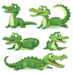 Cute friendly green crocodiles set. Lovely baby alli