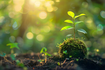 Green small growing plant on the round piece of soil with blurry background and copy space. Save...