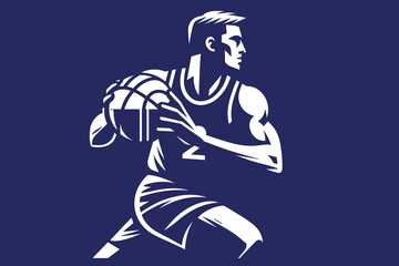basketball player. White flat silhouette vector illustration, icon, logo. blue background