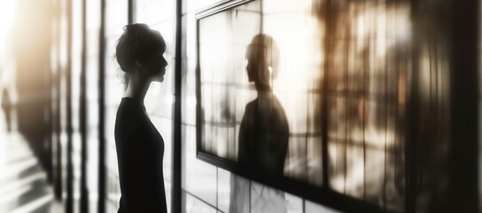Monochrome Picture Gallery. Woman in Art Gallery on Blurred Background