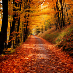 Vibrant autumn leaves on a forest path.