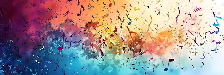 a multicolored background with musical notes falling from the top of the image and a rainbow colored background with musical notes falling from the top of the top of the.