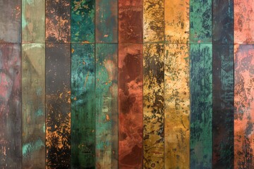 Abstract Design that gives the Impression of Textured Metallic Sheets Panels each with different Color - Panels in Greenish, Bronze, Rusty Red and Golden Hue created with Generative AI Technology
