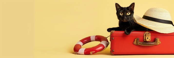 Black cat with a suitcase and travel accessories on a yellow background with space for text. Preparing for summer vacation, travel.