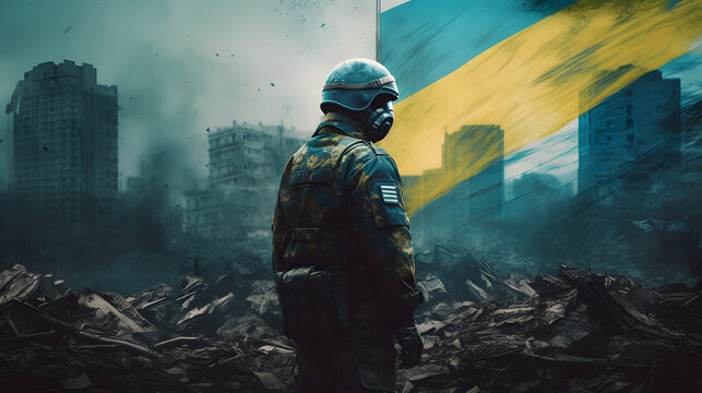  the soldier holding the flag of Ukraine during a battle against the enemy