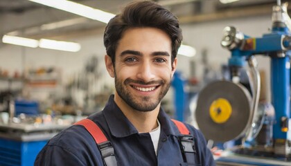 Meccanico uomo, sorridente, in un'officina meccanica 