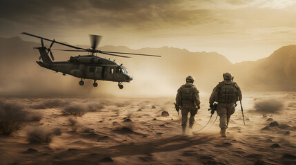  uva soldiers on the desert with an israeli helicopter - obrazy, fototapety, plakaty