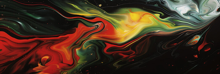  A close-up abstract painting, blending black, red, yellow, and green in swirling, fractal patterns. with Copy Space