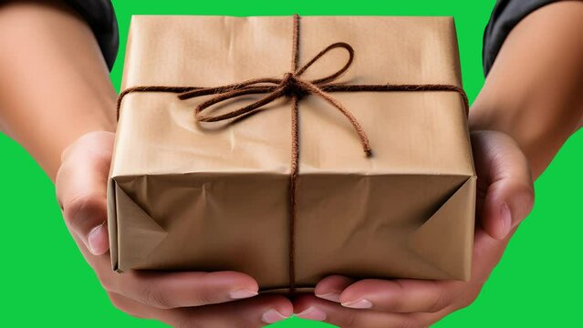 Close up of courier hand delivering brown package box with Green screen background