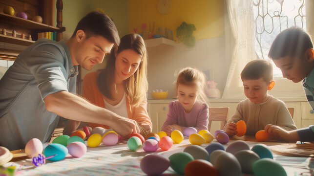 A family, young parents with their children, have fun coloring Easter eggs together.