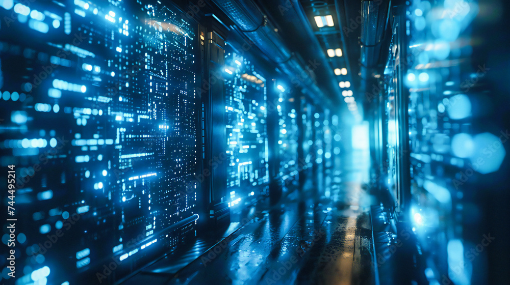 Poster a server rooms blue glow, symbolizing the pulse of digital life and the backbone of modern networkin
