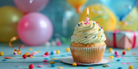 Cupcake with birthday candle, gift and balloons in the background with copy space 