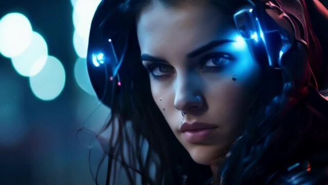 Beautiful cyborg girl on a technological background. Futuristic robot woman. Technology, robotics, artificial intelligence and future concept.