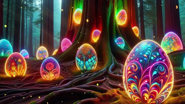 Easter eggs with a neon pattern in the forest.